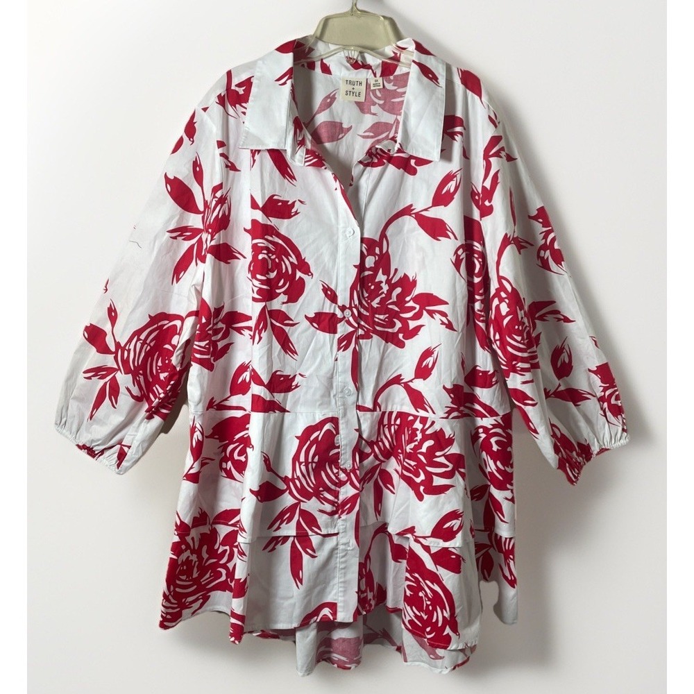 Truth And Style Red White Floral Button Down Tunic Tiered High Low Hem Women 3X